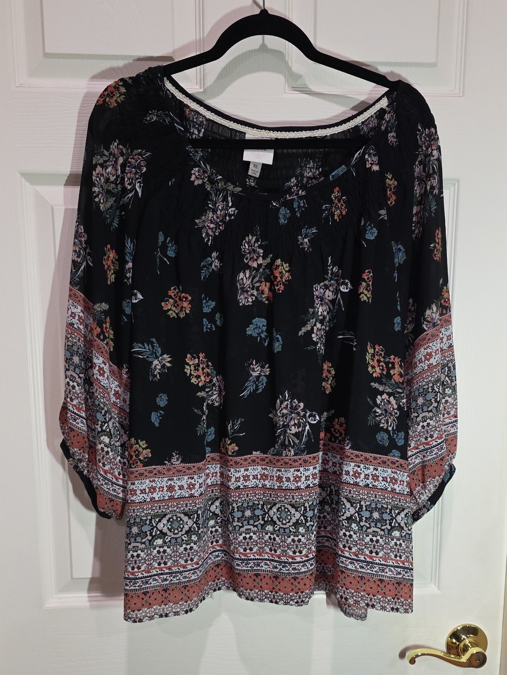 Knox Rose Black Floral Border-Print Peasant Tunic